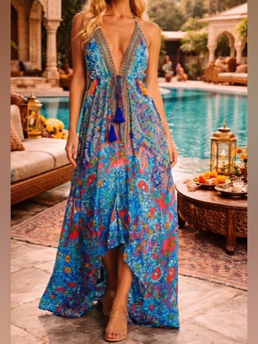 LA MODA Silky Print Halter Neck Hi-Lo Kaftan Maxi Dress